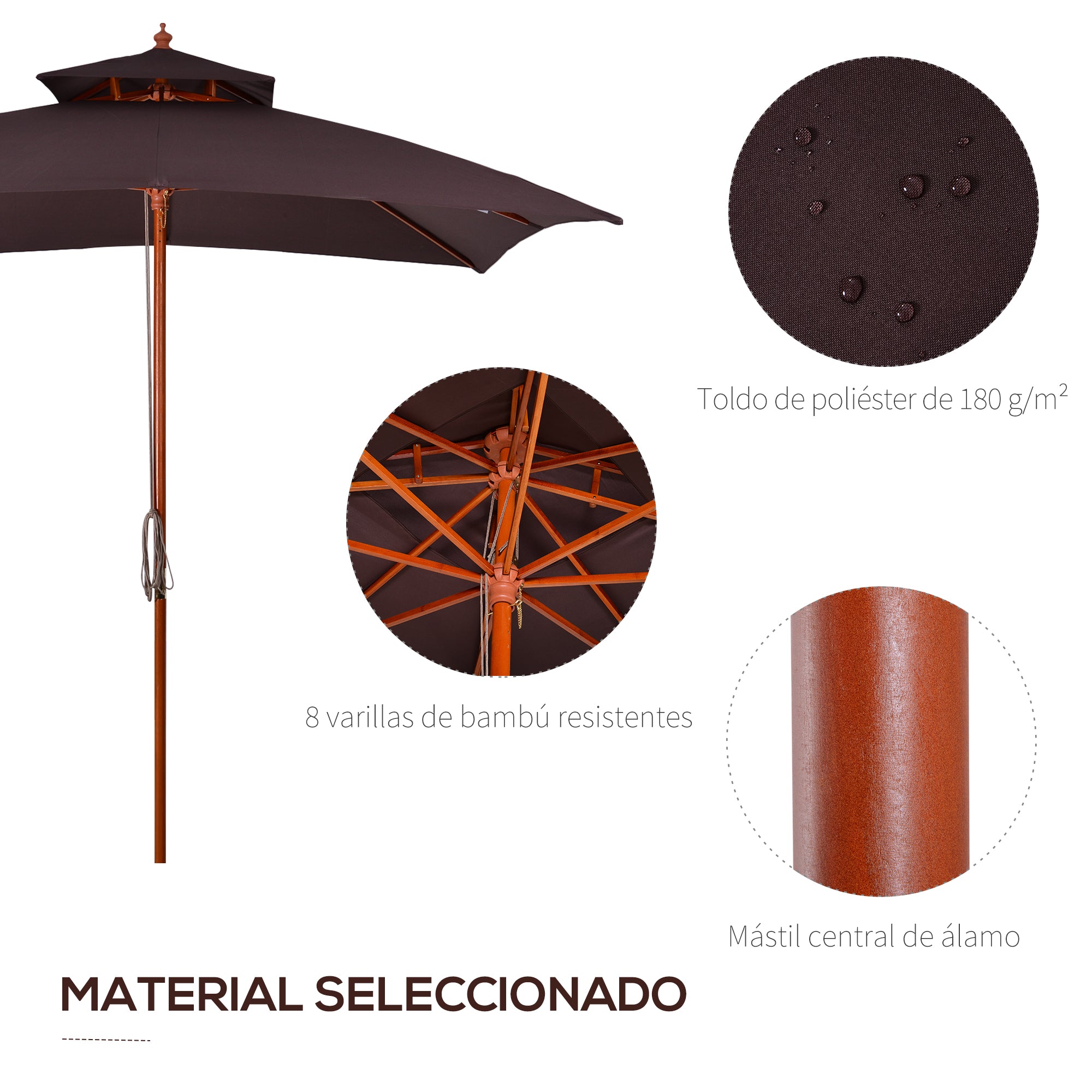 Garden Umbrella 3x3x3 m Bamboo Garden Parasol with Double Roof Pulley System Waterproof for Terrace Balcony Outdoor Brown