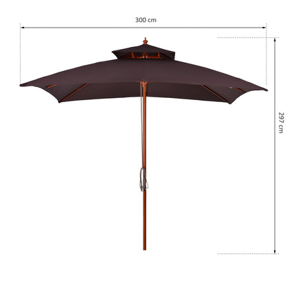Garden Umbrella 3x3x3 m Bamboo Garden Parasol with Double Roof Pulley System Waterproof for Terrace Balcony Outdoor Brown