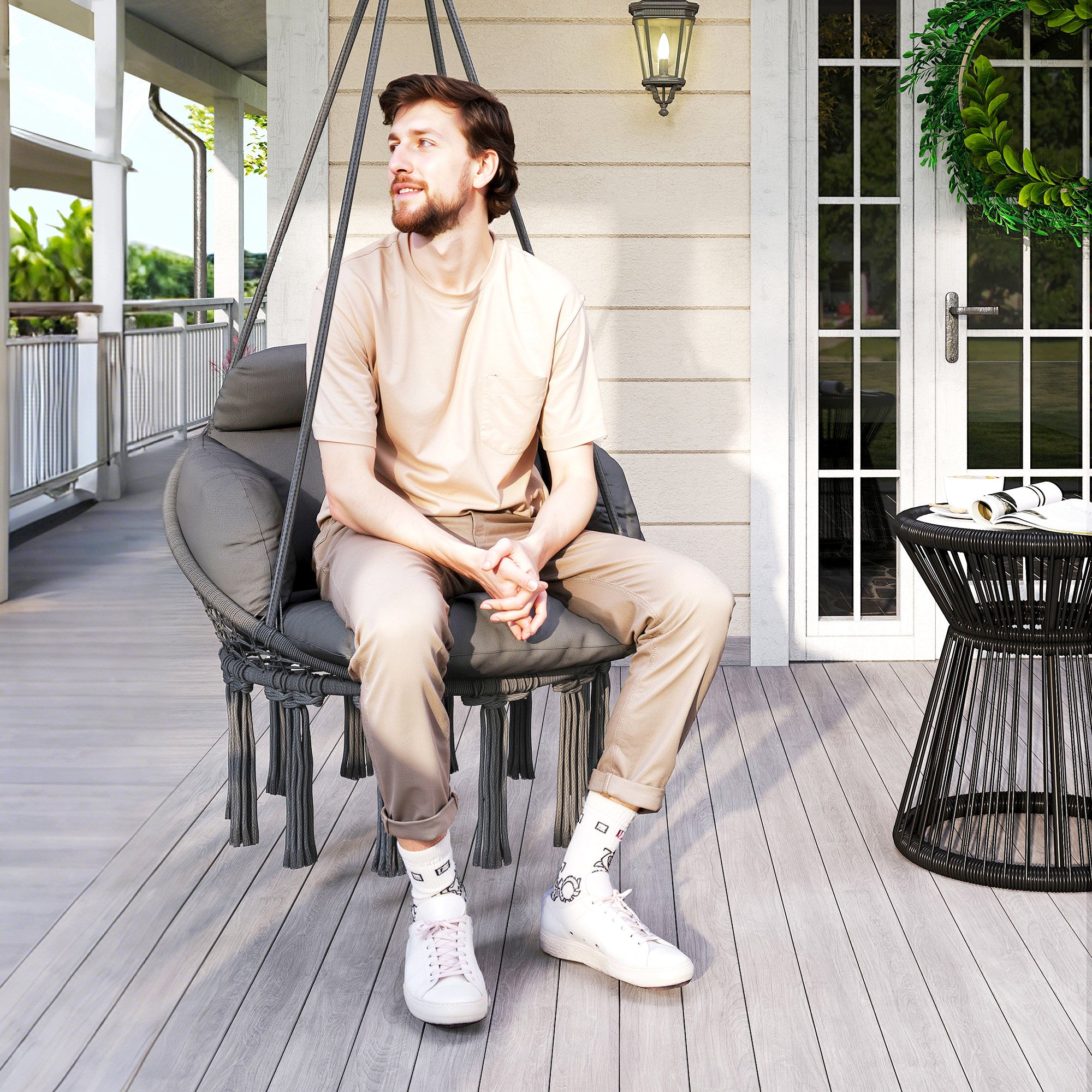 Hanging Chair with Large Padded Cushion, Fringed Swing Chair with Suspension Kit, Steel Frame, Tight Weave, Dark Gray