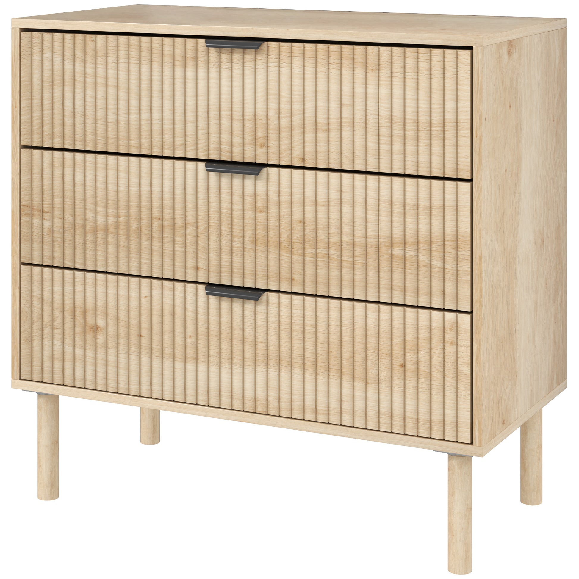 3-Drawer Chest of Drawers Nordic Style Bedroom Chest with Anti-tilt System Grooved Panel Fronts and Metal Handles Dresser for Living Room Hallway 80x40x77.5 cm Oak