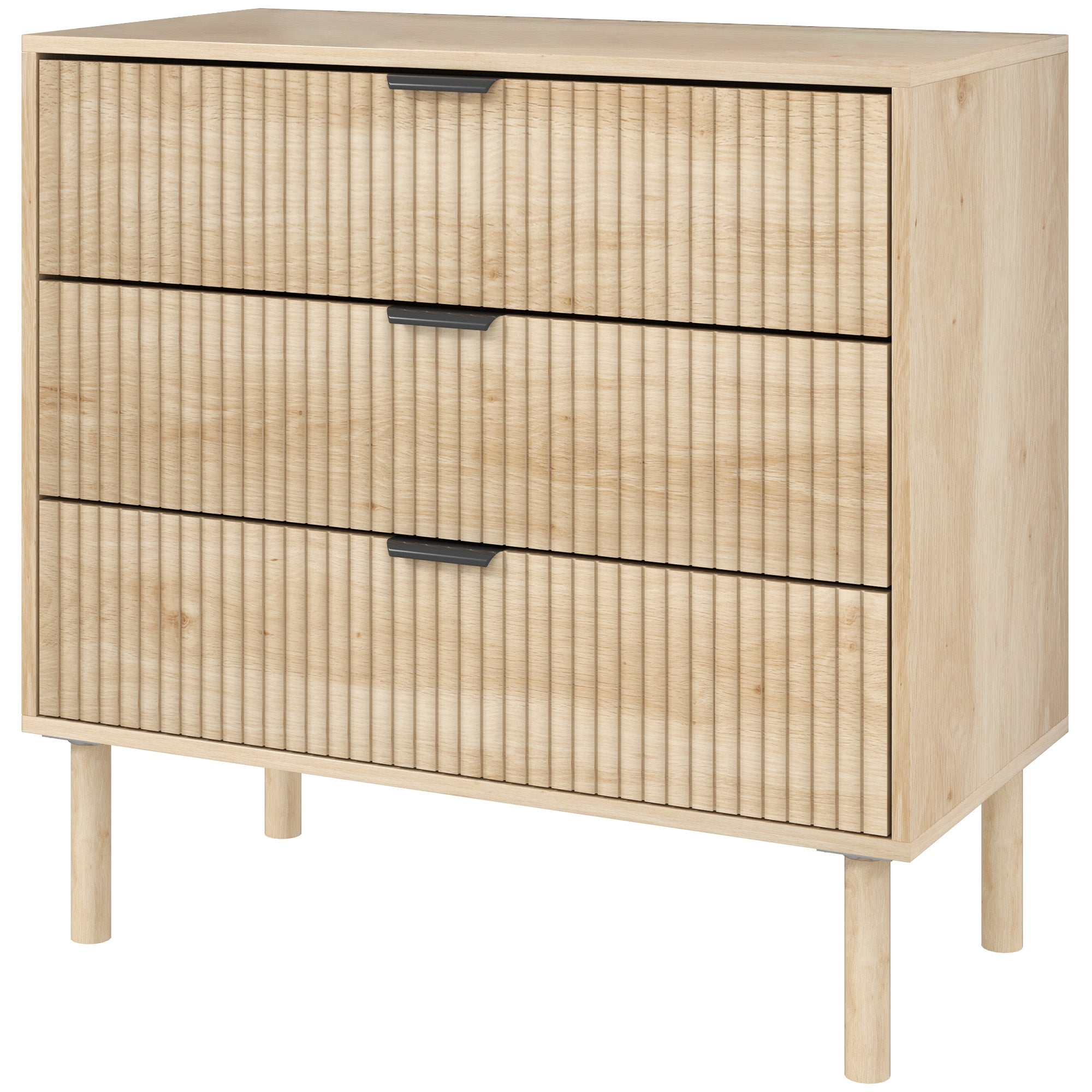 3-Drawer Chest of Drawers Nordic Style Bedroom Chest with Anti-tilt System Grooved Panel Fronts and Metal Handles Dresser for Living Room Hallway 80x40x77.5 cm Oak