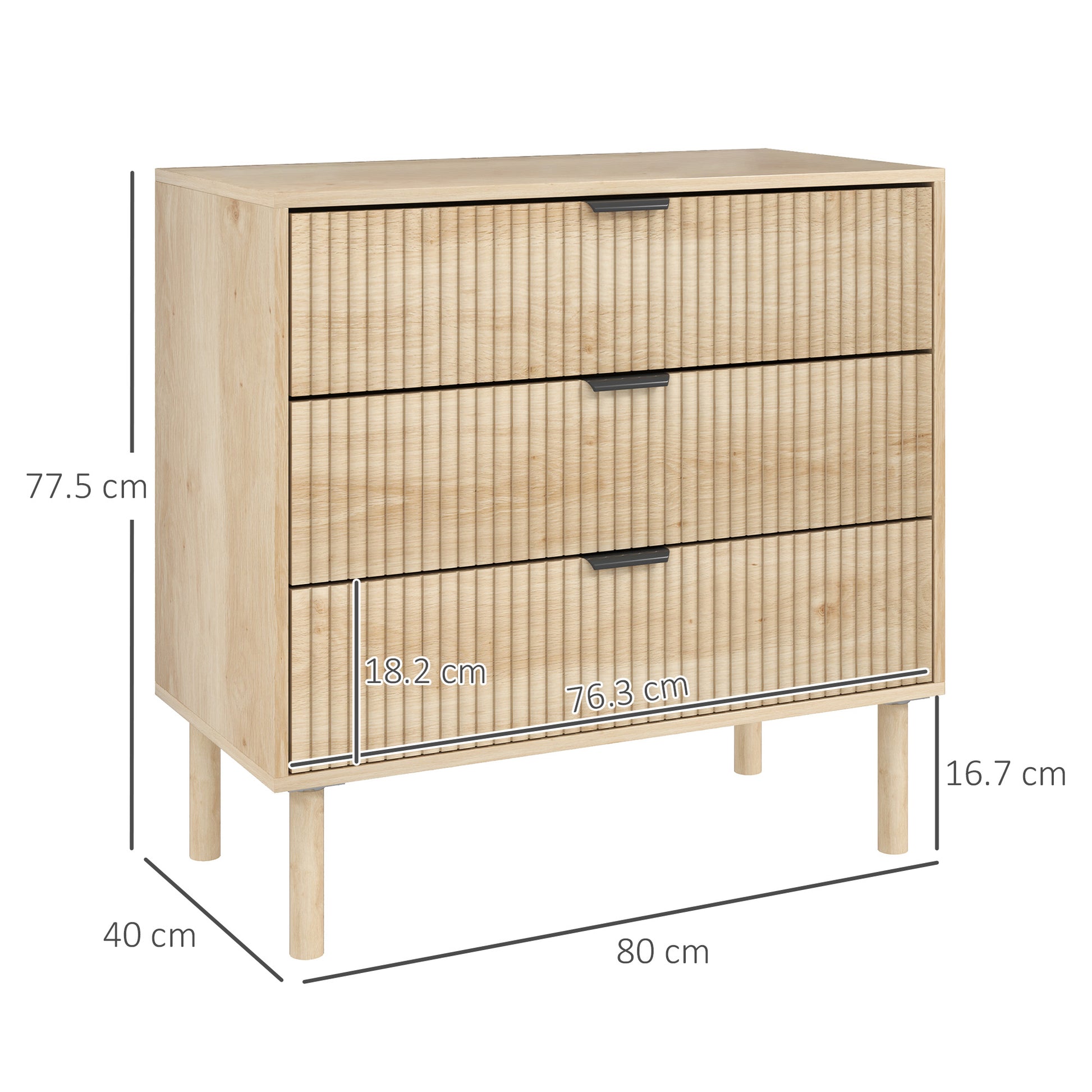 3-Drawer Chest of Drawers Nordic Style Bedroom Chest with Anti-tilt System Grooved Panel Fronts and Metal Handles Dresser for Living Room Hallway 80x40x77.5 cm Oak