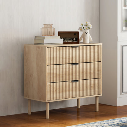 3-Drawer Chest of Drawers Nordic Style Bedroom Chest with Anti-tilt System Grooved Panel Fronts and Metal Handles Dresser for Living Room Hallway 80x40x77.5 cm Oak