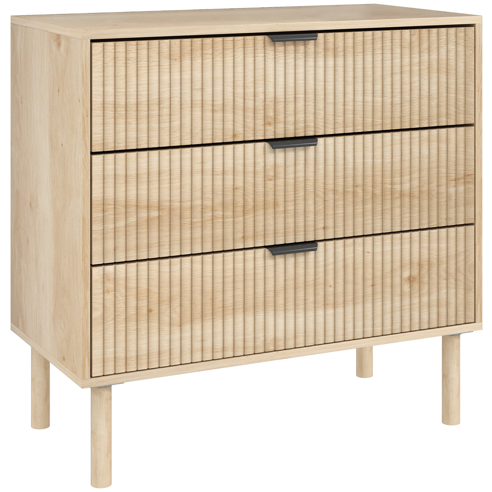 3-Drawer Chest of Drawers Nordic Style Bedroom Chest with Anti-tilt System Grooved Panel Fronts and Metal Handles Dresser for Living Room Hallway 80x40x77.5 cm Oak