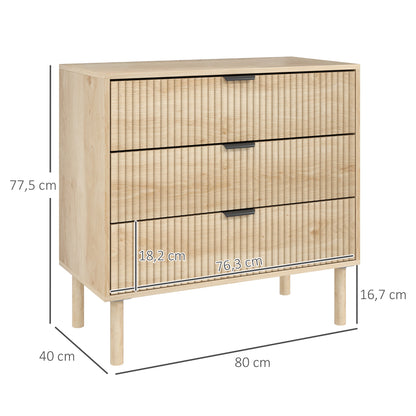 3-Drawer Chest of Drawers Nordic Style Bedroom Chest with Anti-tilt System Grooved Panel Fronts and Metal Handles Dresser for Living Room Hallway 80x40x77.5 cm Oak