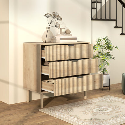3-Drawer Chest of Drawers Nordic Style Bedroom Chest with Anti-tilt System Grooved Panel Fronts and Metal Handles Dresser for Living Room Hallway 80x40x77.5 cm Oak