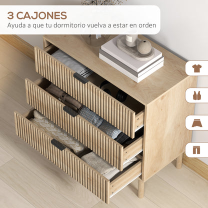 3-Drawer Chest of Drawers Nordic Style Bedroom Chest with Anti-tilt System Grooved Panel Fronts and Metal Handles Dresser for Living Room Hallway 80x40x77.5 cm Oak