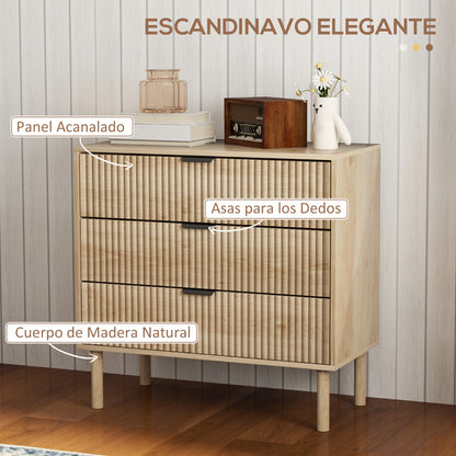 3-Drawer Chest of Drawers Nordic Style Bedroom Chest with Anti-tilt System Grooved Panel Fronts and Metal Handles Dresser for Living Room Hallway 80x40x77.5 cm Oak