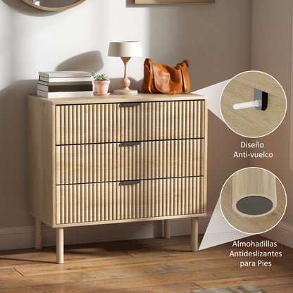3-Drawer Chest of Drawers Nordic Style Bedroom Chest with Anti-tilt System Grooved Panel Fronts and Metal Handles Dresser for Living Room Hallway 80x40x77.5 cm Oak