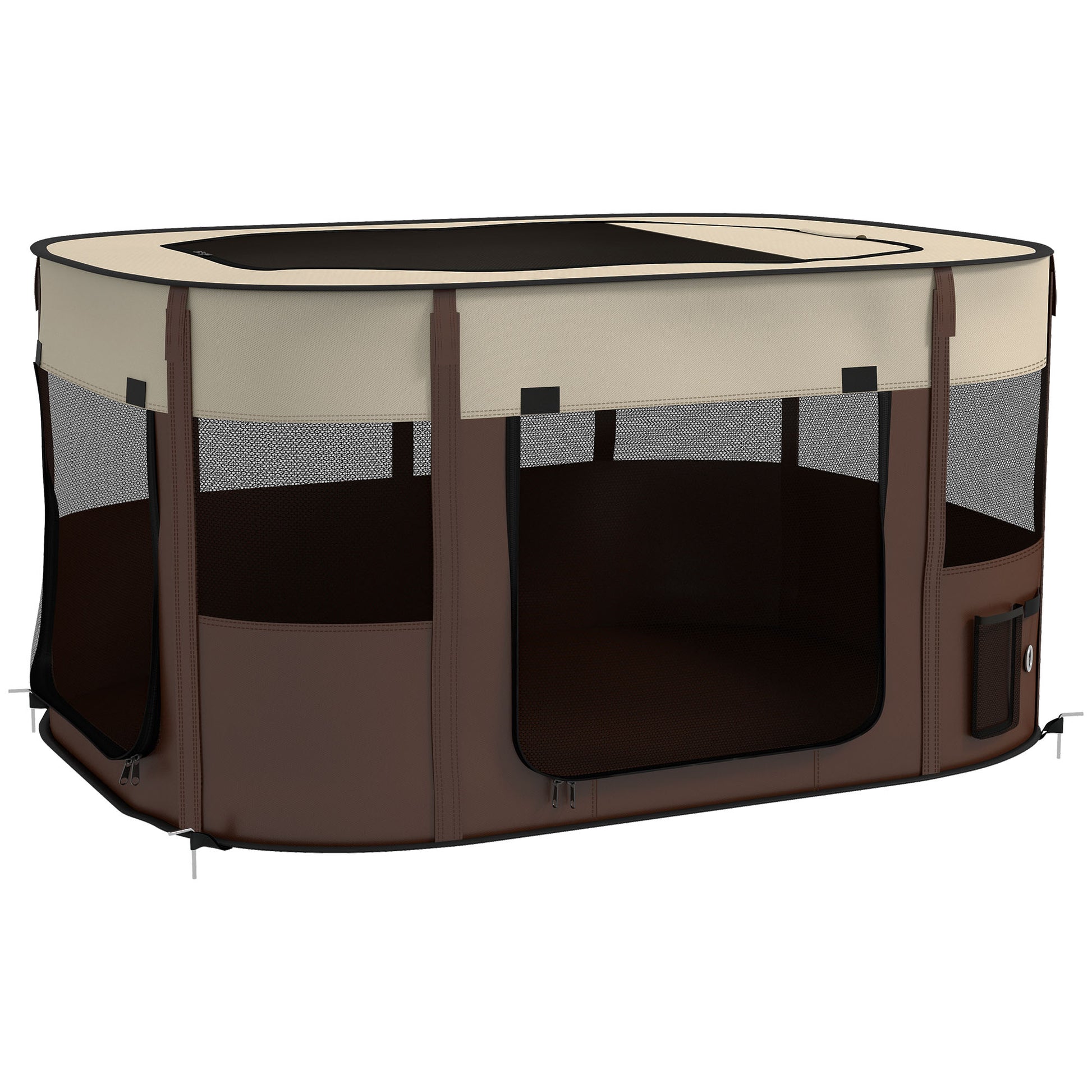 Oxford Fabric Dog Park, Puppy Park, Outdoor Enclosure for Animals, with Storage Pockets, Foldable Enclosure for Dogs Puppies, 114 x 89 x 59 cm, cream and brown