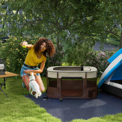 Oxford Fabric Dog Park, Puppy Park, Outdoor Enclosure for Animals, with Storage Pockets, Foldable Enclosure for Dogs Puppies, 114 x 89 x 59 cm, cream and brown