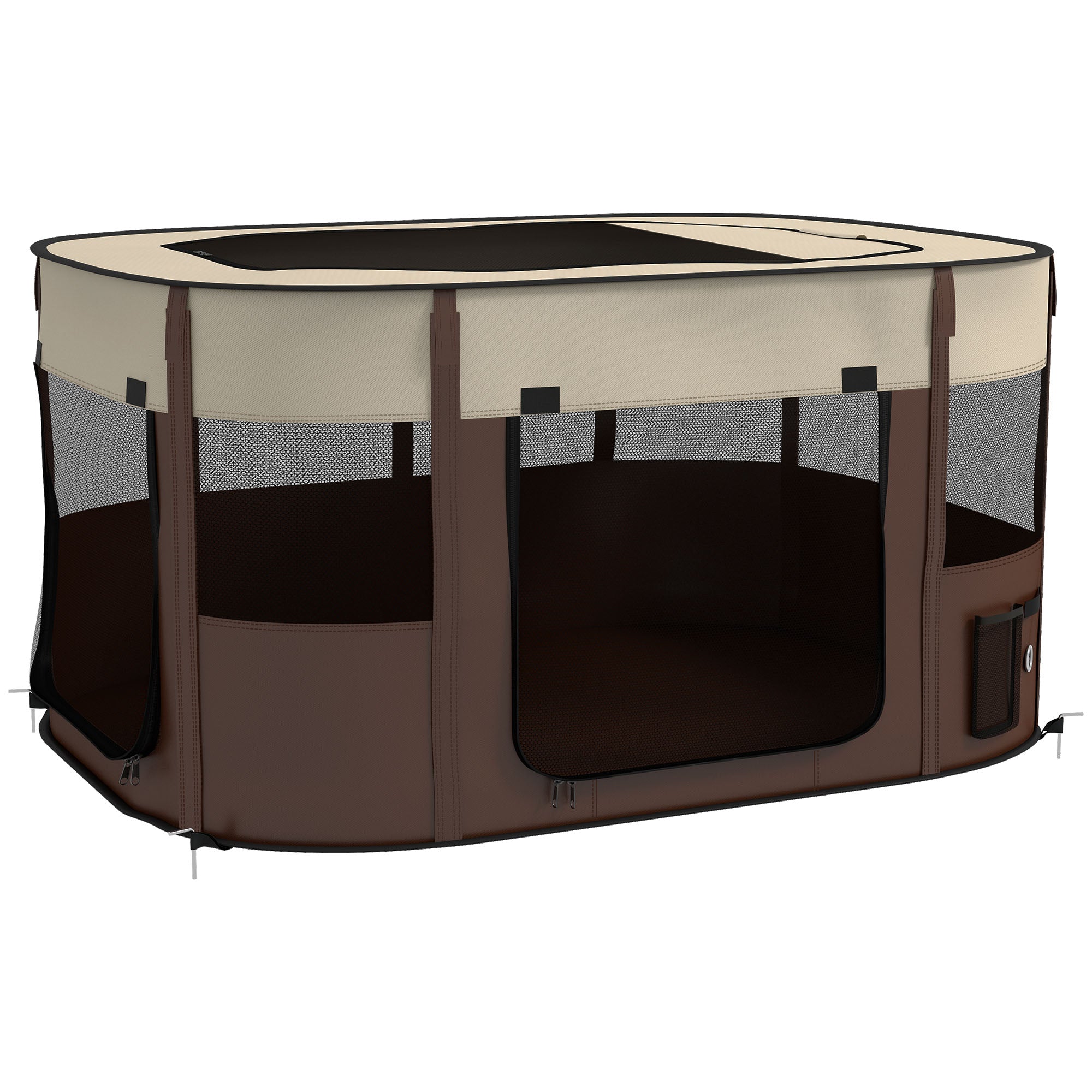 Oxford Fabric Dog Park, Puppy Park, Outdoor Enclosure for Animals, with Storage Pockets, Foldable Enclosure for Dogs Puppies, 114 x 89 x 59 cm, cream and brown