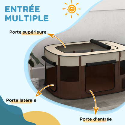 Oxford Fabric Dog Park, Puppy Park, Outdoor Enclosure for Animals, with Storage Pockets, Foldable Enclosure for Dogs Puppies, 114 x 89 x 59 cm, cream and brown