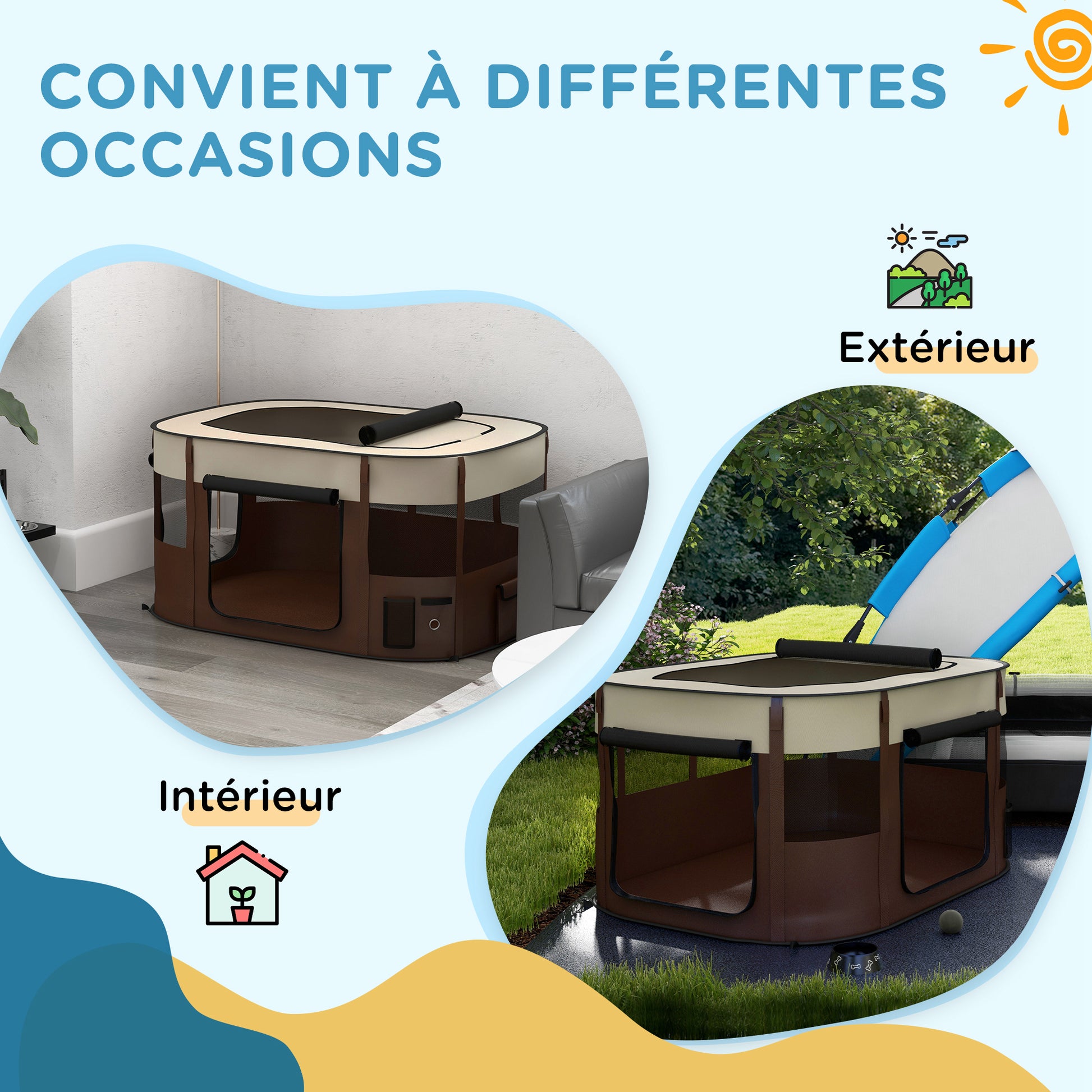 Oxford Fabric Dog Park, Puppy Park, Outdoor Enclosure for Animals, with Storage Pockets, Foldable Enclosure for Dogs Puppies, 114 x 89 x 59 cm, cream and brown