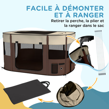 Oxford Fabric Dog Park, Puppy Park, Outdoor Enclosure for Animals, with Storage Pockets, Foldable Enclosure for Dogs Puppies, 114 x 89 x 59 cm, cream and brown