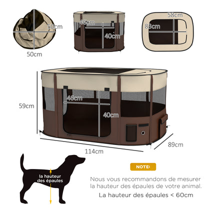 Oxford Fabric Dog Park, Puppy Park, Outdoor Enclosure for Animals, with Storage Pockets, Foldable Enclosure for Dogs Puppies, 114 x 89 x 59 cm, cream and brown