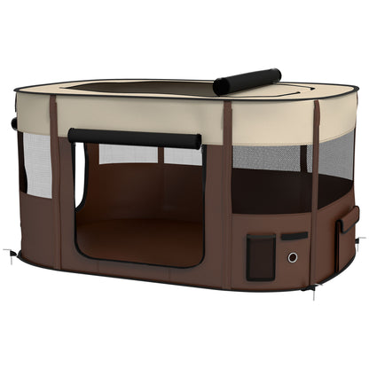 Oxford Fabric Dog Park, Puppy Park, Outdoor Enclosure for Animals, with Storage Pockets, Foldable Enclosure for Dogs Puppies, 114 x 89 x 59 cm, cream and brown