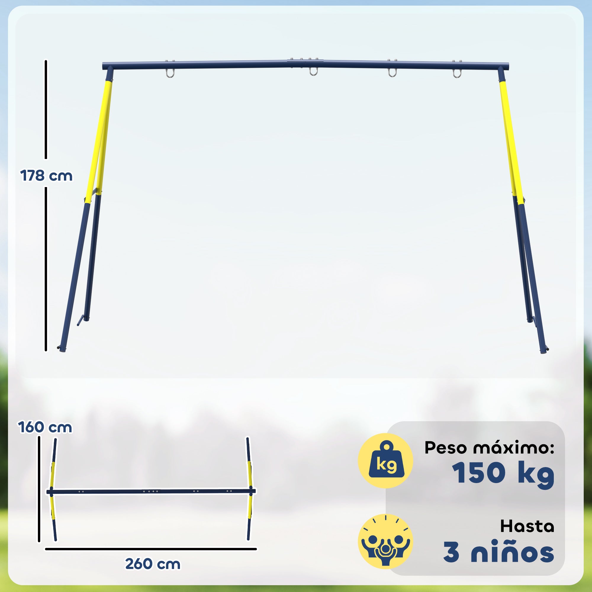 Kids Swing Frame, Steel A-Frame for 2 Swings, 331 lb Capacity, Fits Seat, Nest & Climbing Rope, Garden/Balcony — 8'6" x 5'3" x 5'10", Blue