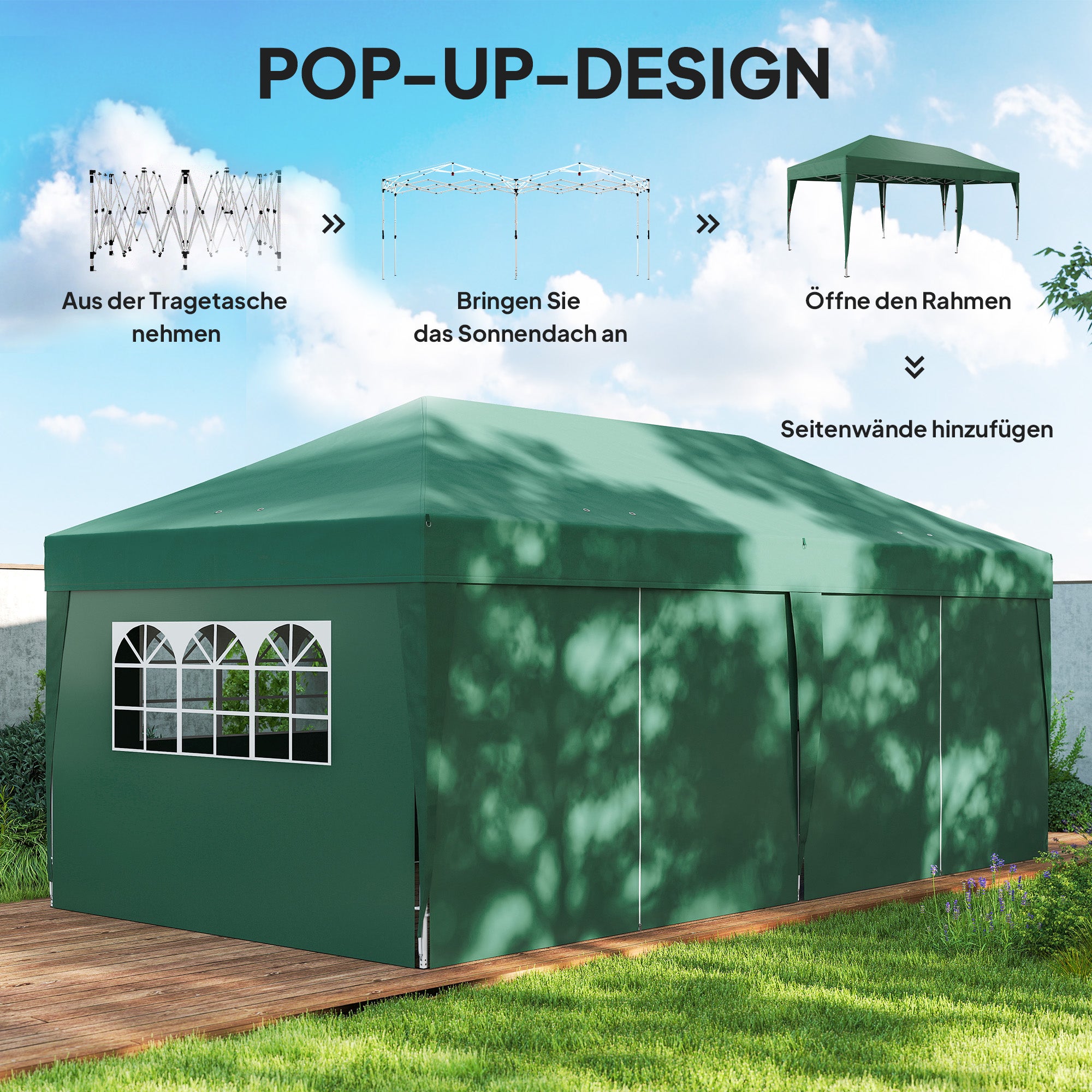 Pavilion approx. 19'4" x 9'8" Pop-Up Folding Gazebo with Windowed Zip Door & Removable Sides, UV Protection, Dark Green
