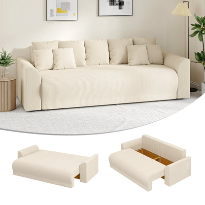 3-Seater Sofa Bed with Storage, Wide Deep Seat & 9 Cushions, Corduroy - Beige (Converts to 74.8" x 59.1" Bed)