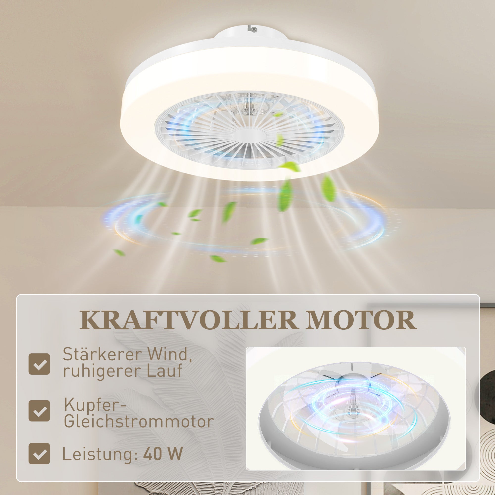 Ceiling Fan with Lighting and Remote Control, Ø46 cm, 40W Dimmable LED Ceiling Light with Fan, 6 speeds, timer, reversible DC motor, acrylic lampshade, White
