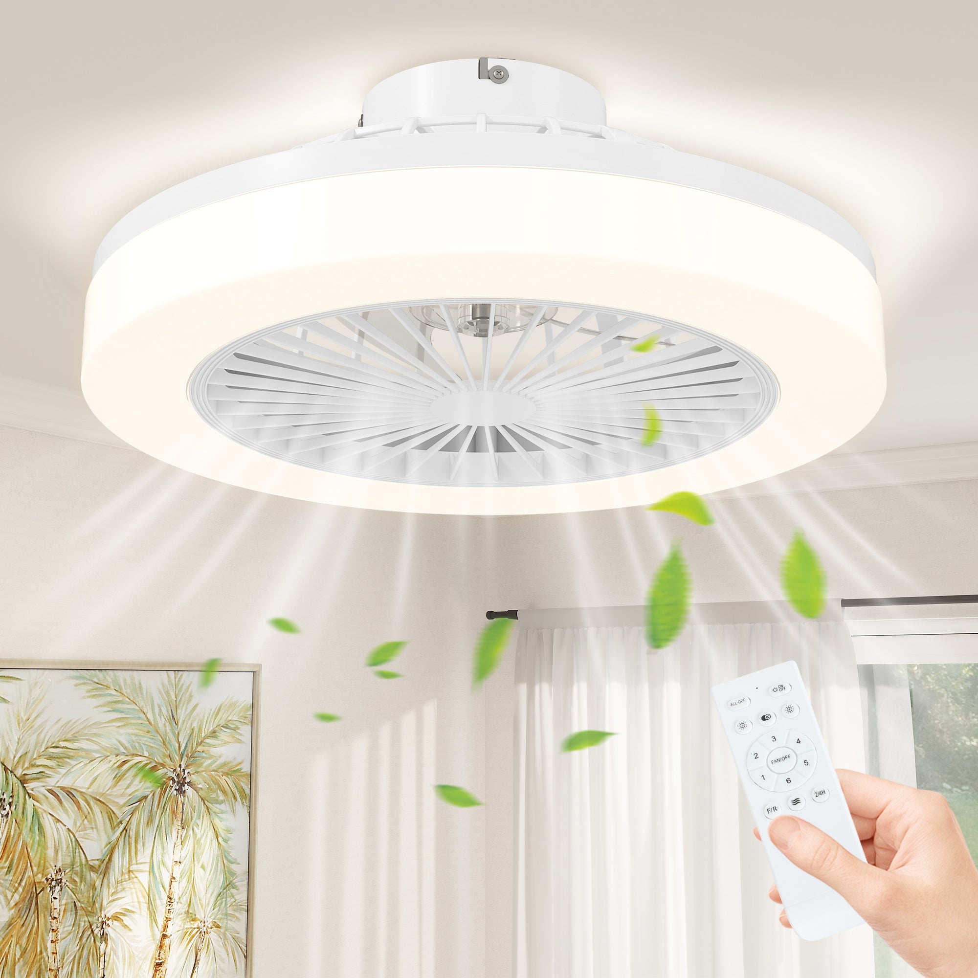 Ceiling Fan with Lighting and Remote Control, Ø46 cm, 40W Dimmable LED Ceiling Light with Fan, 6 speeds, timer, reversible DC motor, acrylic lampshade, White