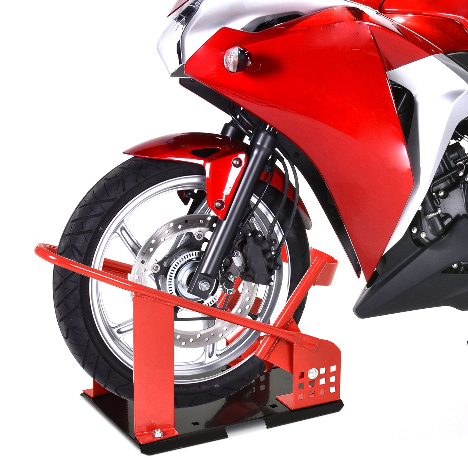 Universal Motorcycle Stand with Adjustable Length Rubber Caps Metal Structure Load 450 kg for Maintenance Works Red