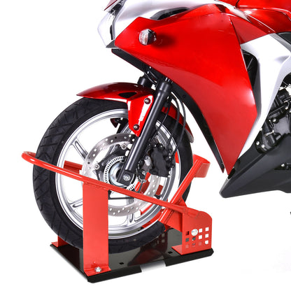 Universal Motorcycle Stand with Adjustable Length Rubber Caps Metal Structure Load 450 kg for Maintenance Works Red