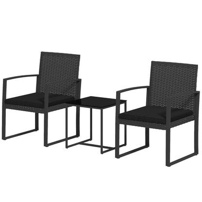 Synthetic Rattan Garden Furniture Set 1 Table and 2 Patio Chairs with Cushions and Armrests for Balcony Patio Black