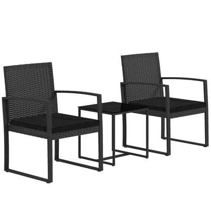 Synthetic Rattan Garden Furniture Set 1 Table and 2 Patio Chairs with Cushions and Armrests for Balcony Patio Black