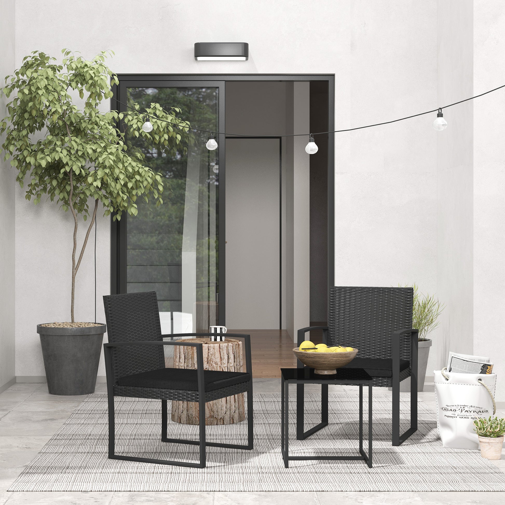 Synthetic Rattan Garden Furniture Set 1 Table and 2 Patio Chairs with Cushions and Armrests for Balcony Patio Black