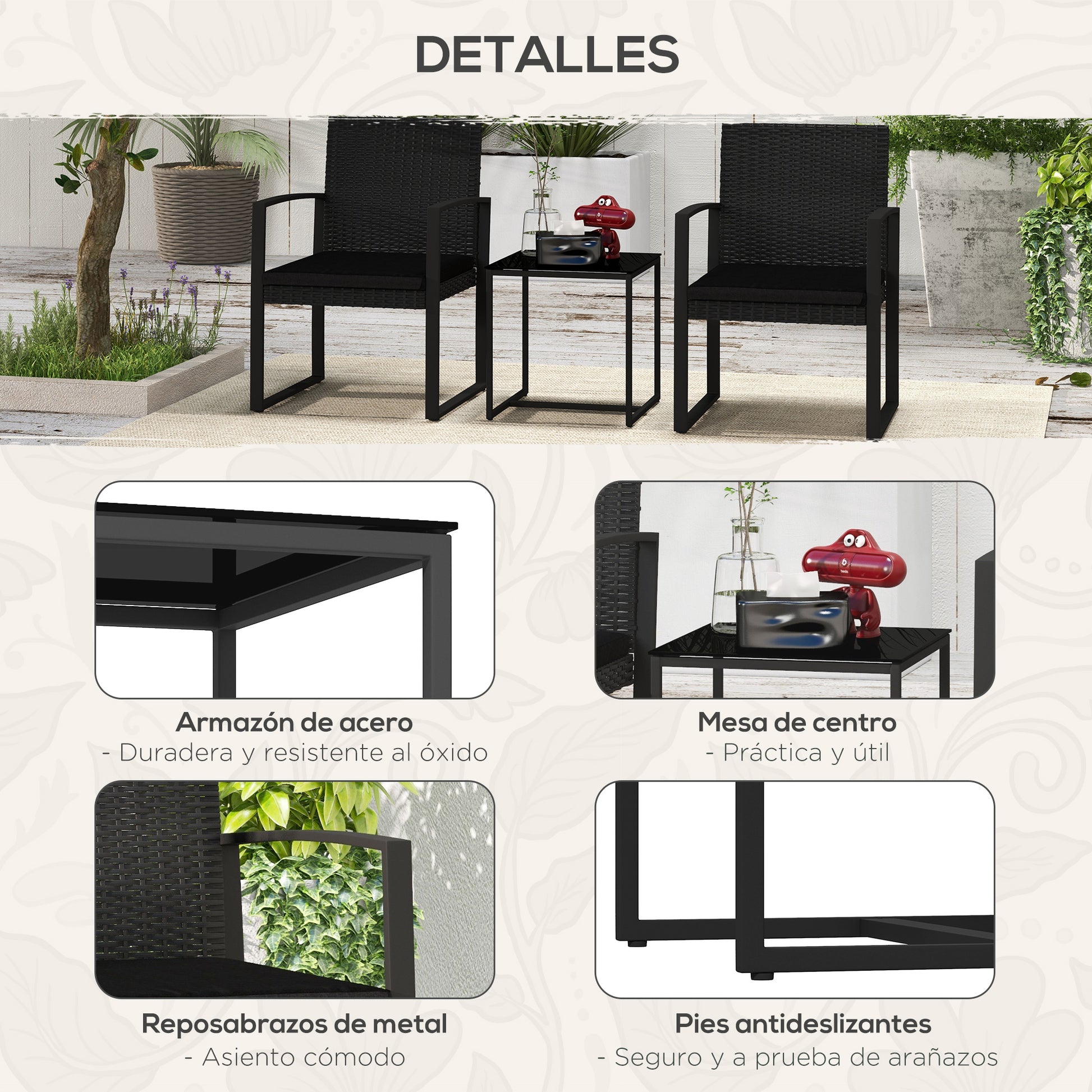 Synthetic Rattan Garden Furniture Set 1 Table and 2 Patio Chairs with Cushions and Armrests for Balcony Patio Black