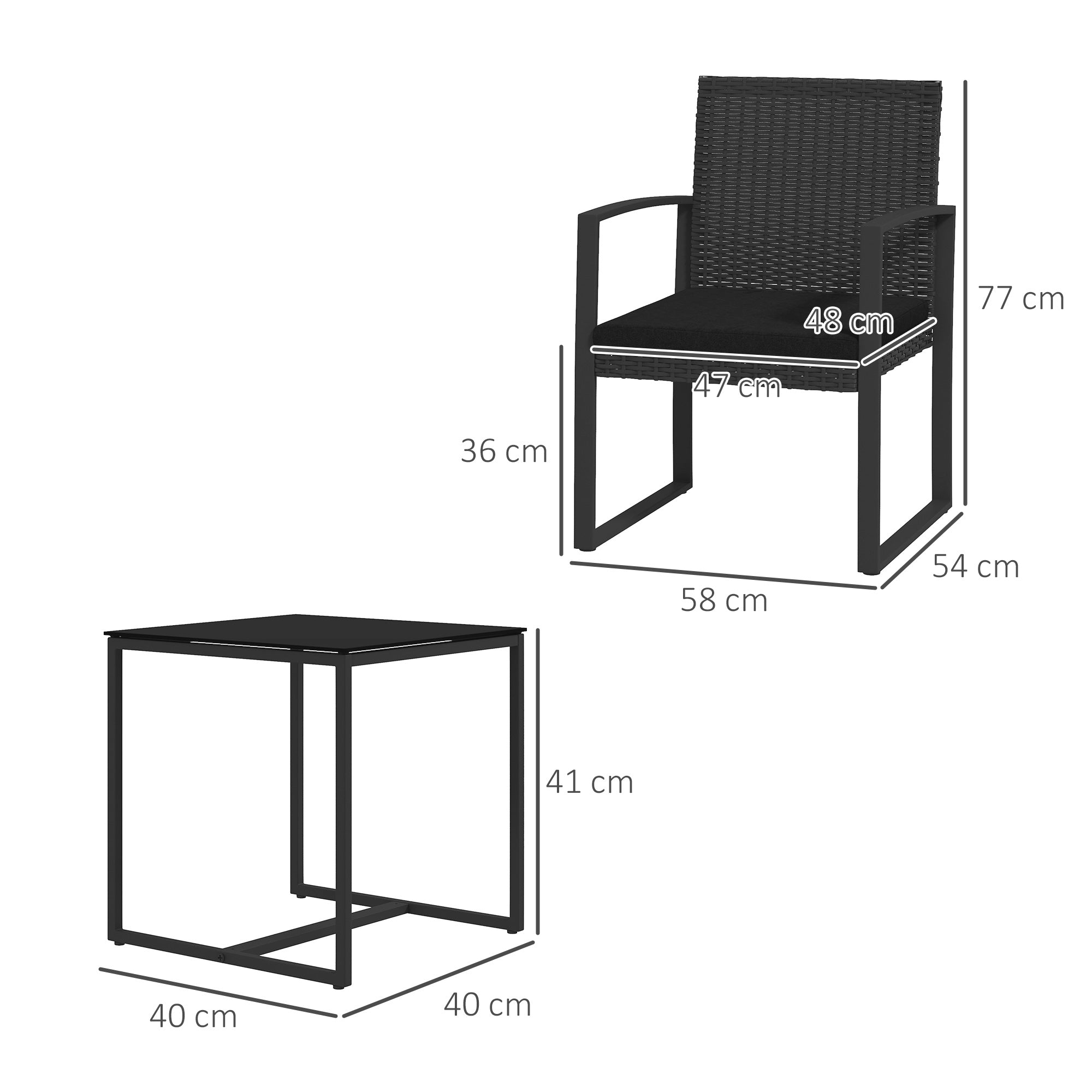 Synthetic Rattan Garden Furniture Set 1 Table and 2 Patio Chairs with Cushions and Armrests for Balcony Patio Black