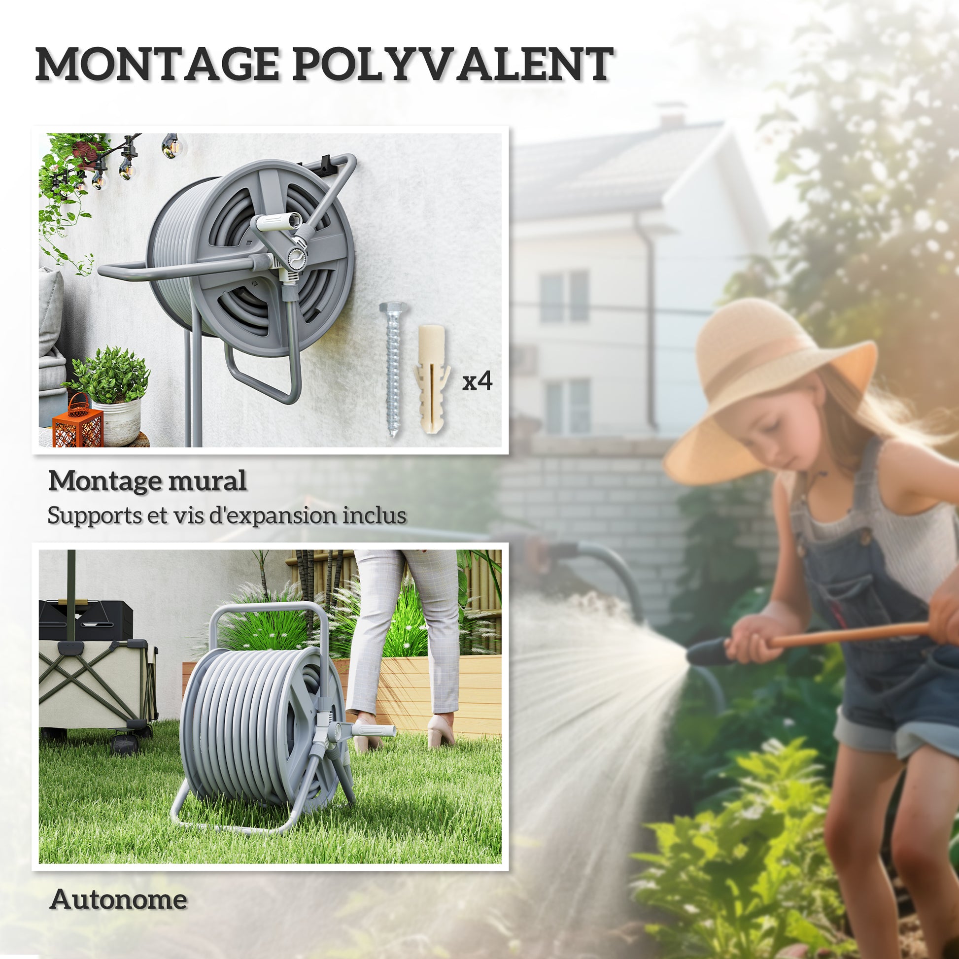 Hose Reel with Rewind Handle, Wall-Mounted or Freestanding Garden Hose Reel, 40m x 15mm Hose Storage Capacity