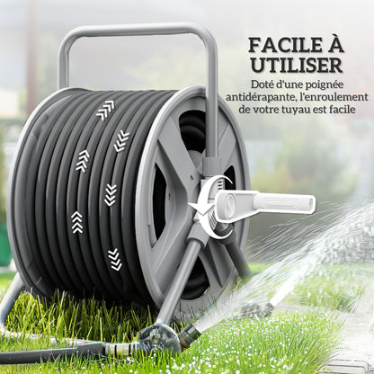 Hose Reel with Rewind Handle, Wall-Mounted or Freestanding Garden Hose Reel, 40m x 15mm Hose Storage Capacity