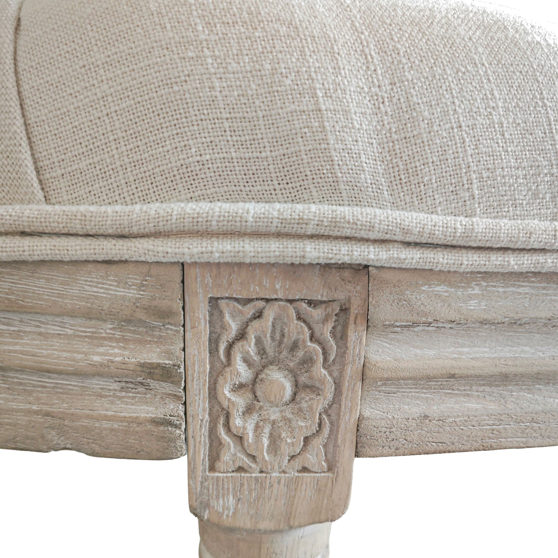 Half-Moon Upholstered End-of-Bed Entryway Bench, Button-Tufted Bench, Louis XVI Style, Solid Carved Wood Structure, Distressed Finish, Linen-Like Fabric Seat, Cream