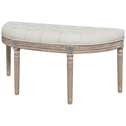 Half-Moon Upholstered End-of-Bed Entryway Bench, Button-Tufted Bench, Louis XVI Style, Solid Carved Wood Structure, Distressed Finish, Linen-Like Fabric Seat, Cream