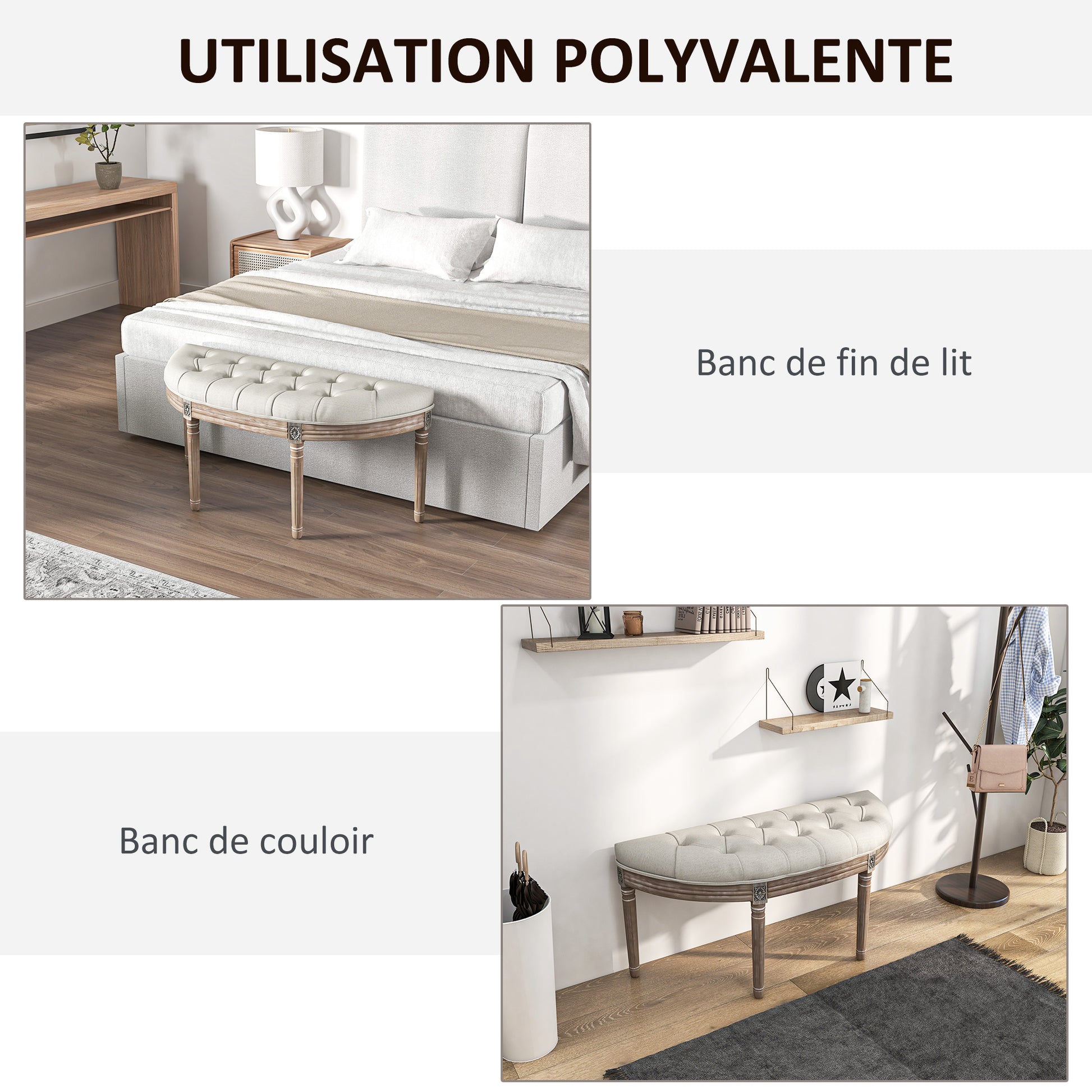 Half-Moon Upholstered End-of-Bed Entryway Bench, Button-Tufted Bench, Louis XVI Style, Solid Carved Wood Structure, Distressed Finish, Linen-Like Fabric Seat, Cream