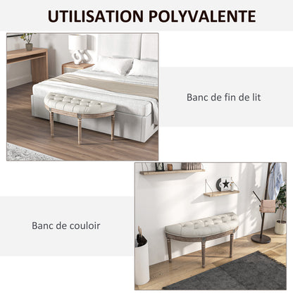Half-Moon Upholstered End-of-Bed Entryway Bench, Button-Tufted Bench, Louis XVI Style, Solid Carved Wood Structure, Distressed Finish, Linen-Like Fabric Seat, Cream