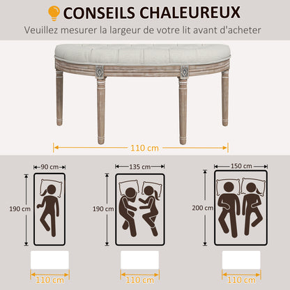 Half-Moon Upholstered End-of-Bed Entryway Bench, Button-Tufted Bench, Louis XVI Style, Solid Carved Wood Structure, Distressed Finish, Linen-Like Fabric Seat, Cream