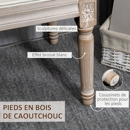 Half-Moon Upholstered End-of-Bed Entryway Bench, Button-Tufted Bench, Louis XVI Style, Solid Carved Wood Structure, Distressed Finish, Linen-Like Fabric Seat, Cream