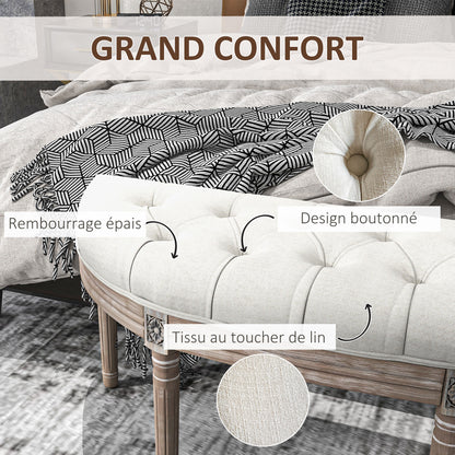 Half-Moon Upholstered End-of-Bed Entryway Bench, Button-Tufted Bench, Louis XVI Style, Solid Carved Wood Structure, Distressed Finish, Linen-Like Fabric Seat, Cream