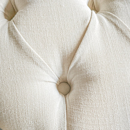 Half-Moon Upholstered End-of-Bed Entryway Bench, Button-Tufted Bench, Louis XVI Style, Solid Carved Wood Structure, Distressed Finish, Linen-Like Fabric Seat, Cream