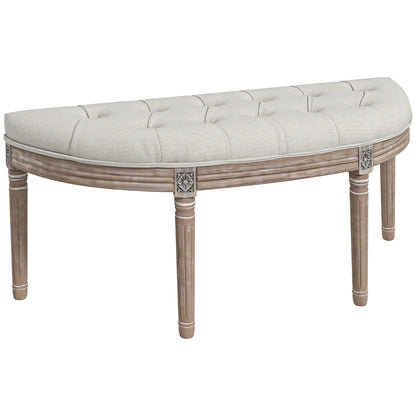 Half-Moon Upholstered End-of-Bed Entryway Bench, Button-Tufted Bench, Louis XVI Style, Solid Carved Wood Structure, Distressed Finish, Linen-Like Fabric Seat, Cream