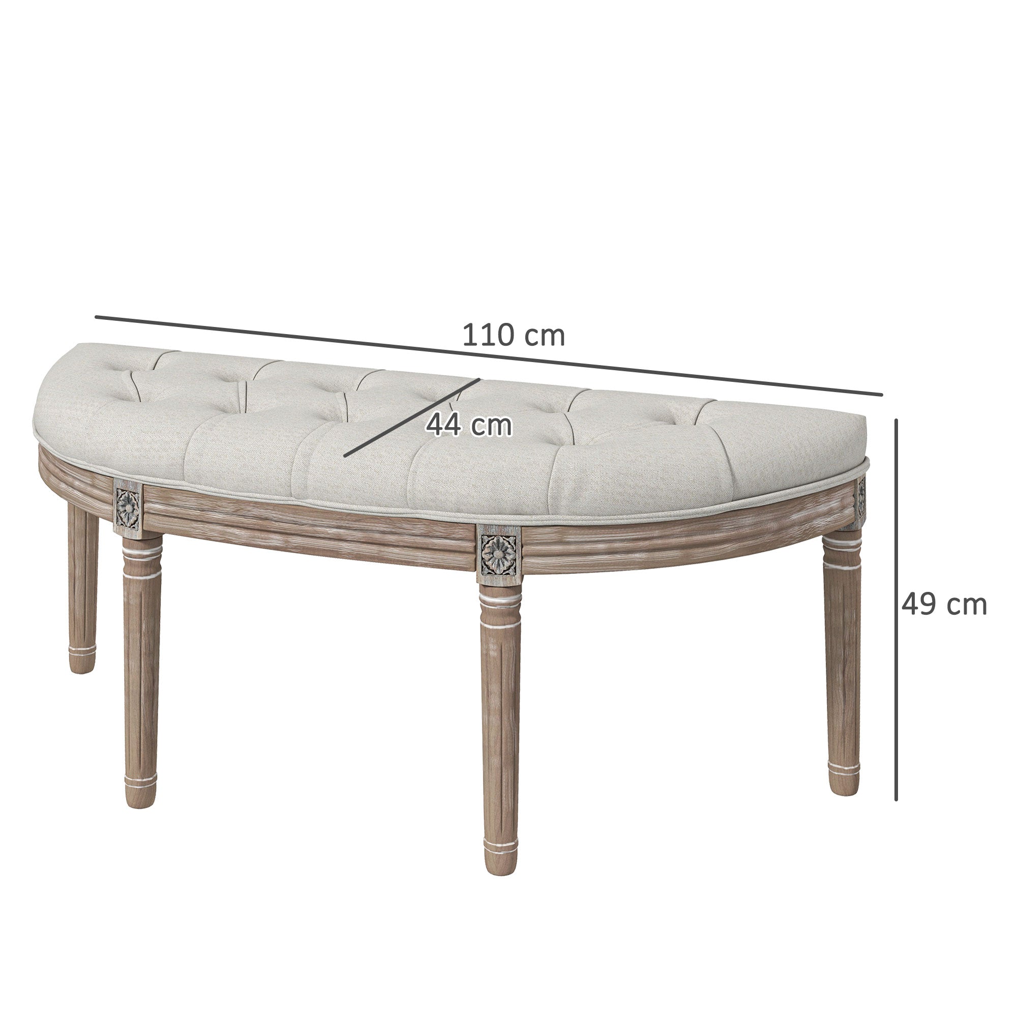 Half-Moon Upholstered End-of-Bed Entryway Bench, Button-Tufted Bench, Louis XVI Style, Solid Carved Wood Structure, Distressed Finish, Linen-Like Fabric Seat, Cream