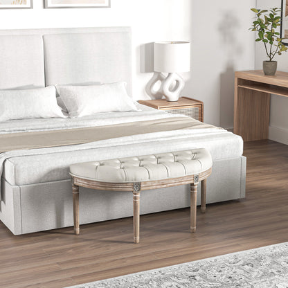 Half-Moon Upholstered End-of-Bed Entryway Bench, Button-Tufted Bench, Louis XVI Style, Solid Carved Wood Structure, Distressed Finish, Linen-Like Fabric Seat, Cream