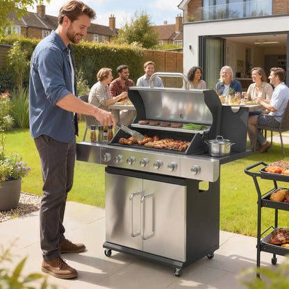 18.6 kW 6+1-Burner Stainless Steel Gas Grill Cart — Side Burner, Thermometer, Cast-Iron Grates, Warming Rack & Cabinet