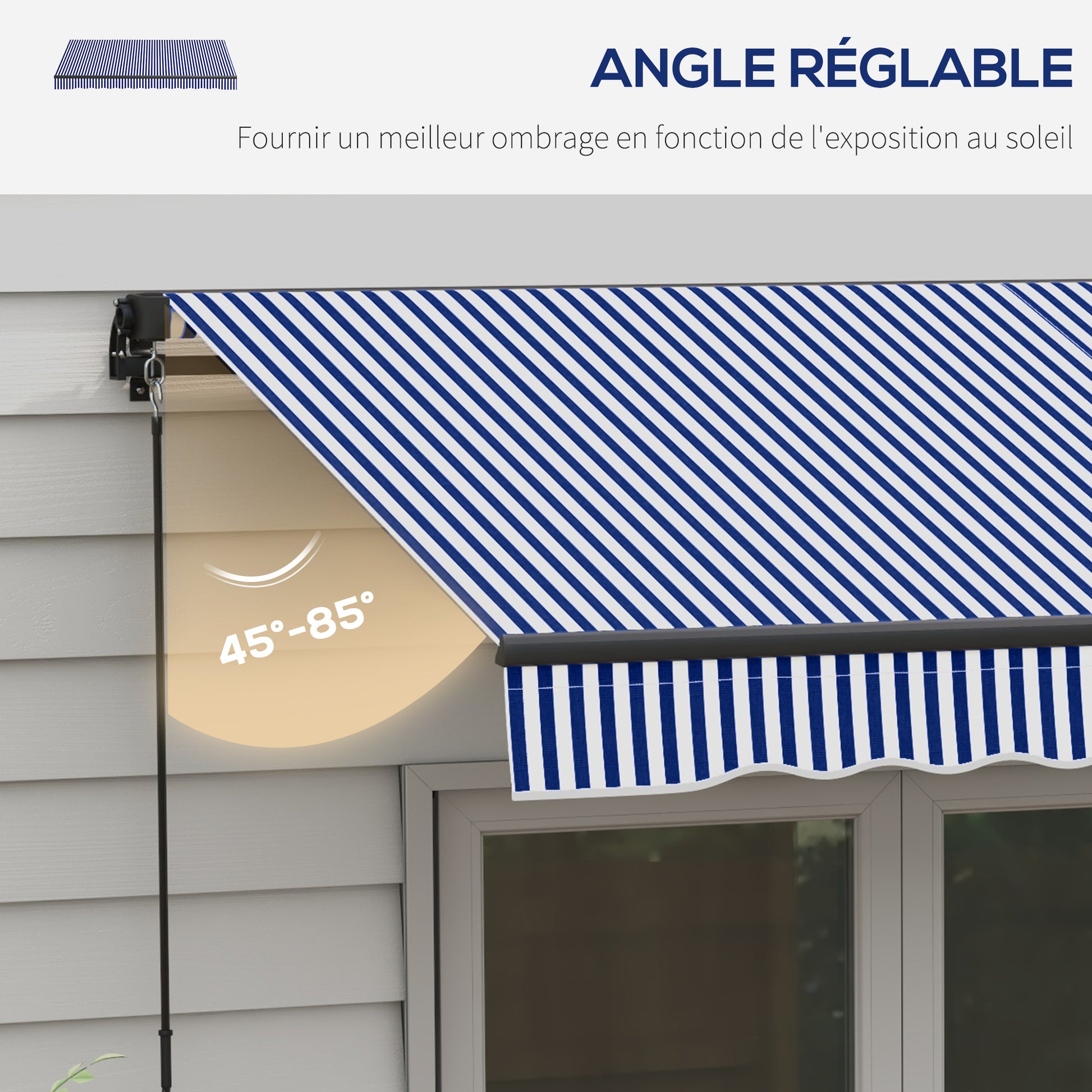 Retractable Manual Awning 3 x 2.5 m Balcony Awning Adjustable Tilt Crank Aluminum Frame Polyester Anti-UV Blue and White