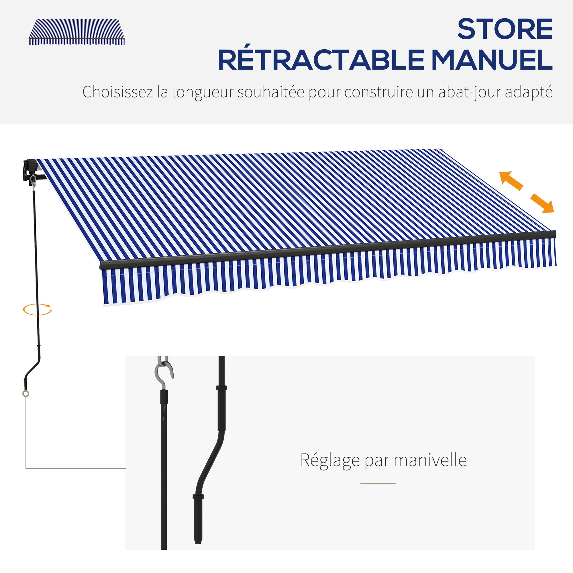Retractable Manual Awning 3 x 2.5 m Balcony Awning Adjustable Tilt Crank Aluminum Frame Polyester Anti-UV Blue and White