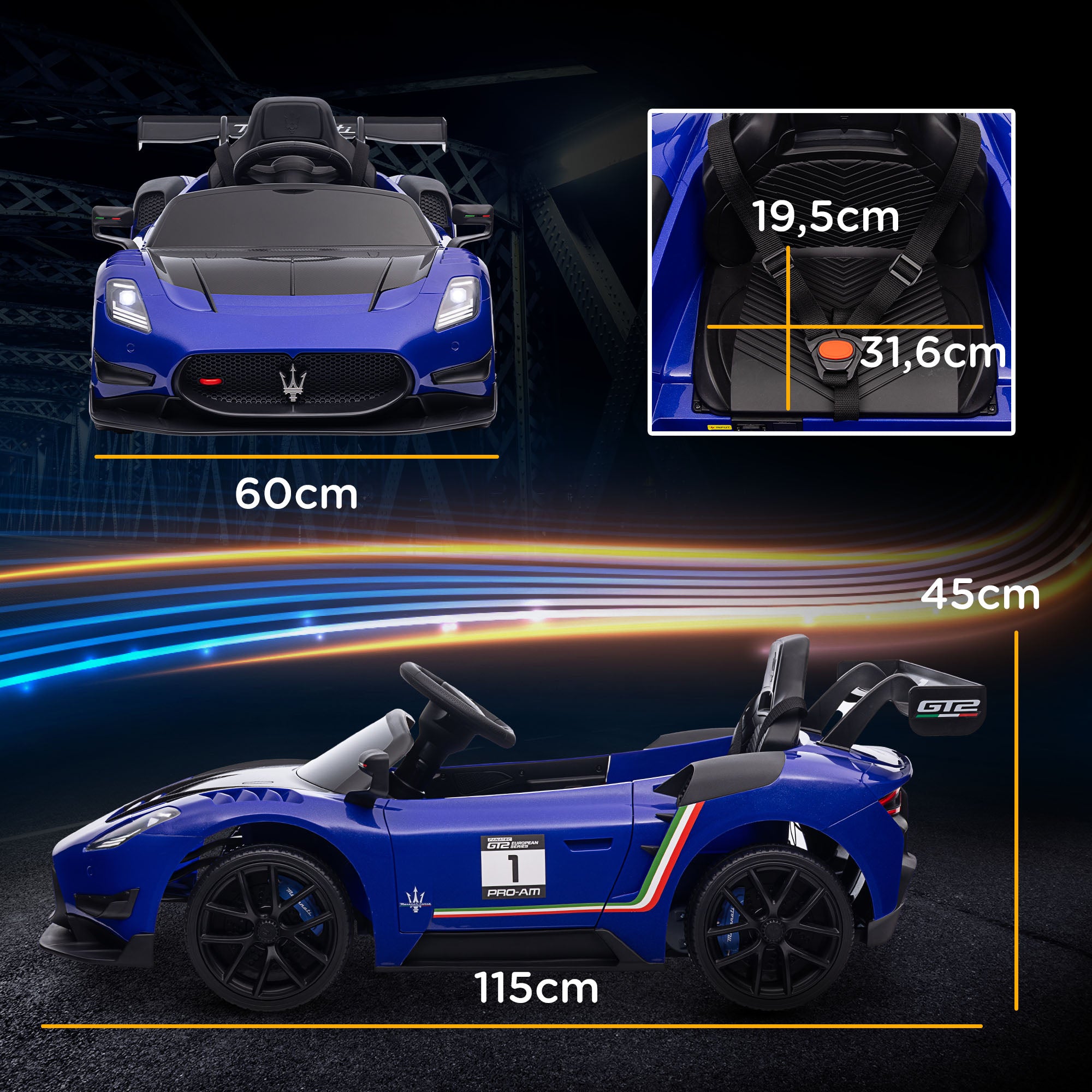 Kids Electric Car 12 V Maserati GT2 Children's Car with 2.4G Remote Control, Music, Horn, Four Shock-Absorbing Wheels, Electric Vehicle with Lights, Training Wheels, 3-5 km/h, for Kids 3-5 Years, Blue